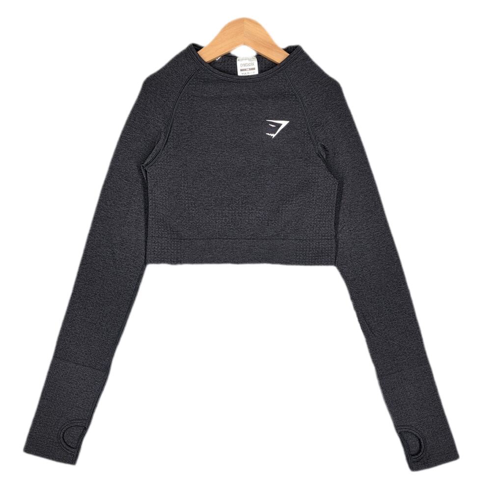 GYMSHARK WOMEN'S LONG‑SLEEVE CROPPED PERFORMANCE TOP – DARK GRAY – SIZE XS